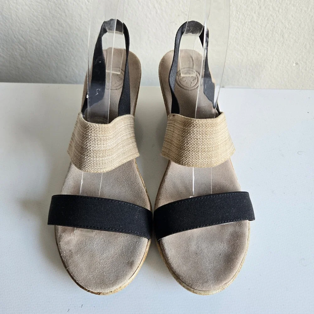 Charleston Shoe Co Womens Black Beige Elastic Strap Espadrille Wedge Sandals 9